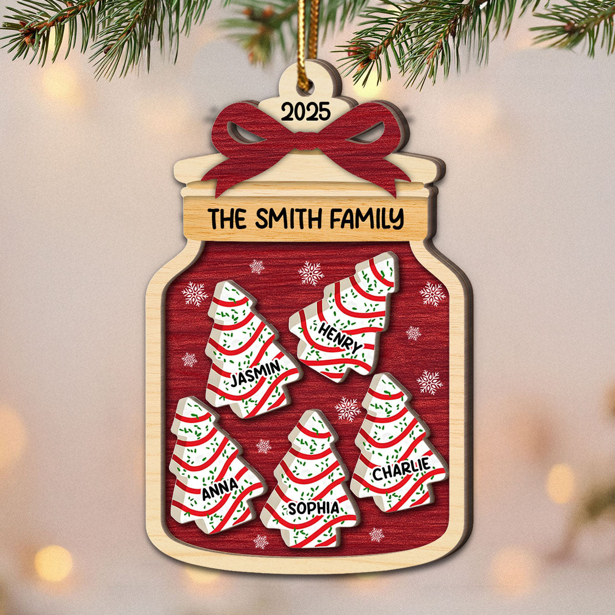 3D Effect Festive Christmas Family Mason Jar Christmas Tree Cakes - Personalized 2-Layered Wooden Ornament
