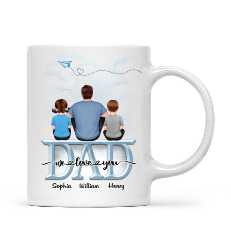 Back View Dad And Children Sitting On Word Father‘s Day Gift Personalized Mug