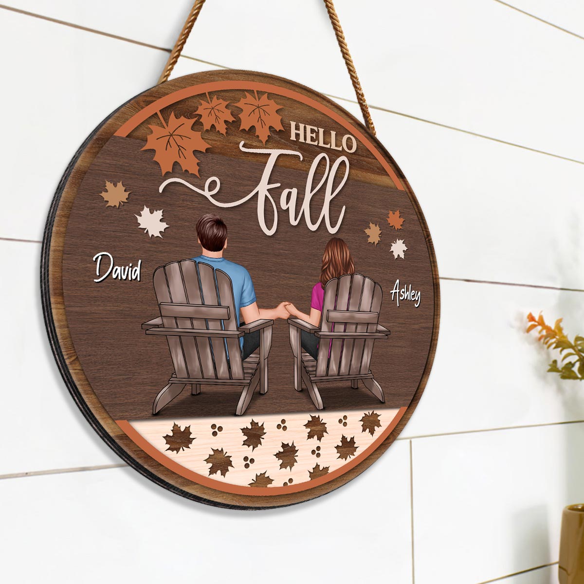 Hello Fall Couple Sitting Personalized Wood Sign, Fall Season Decor, Gift For Him Her