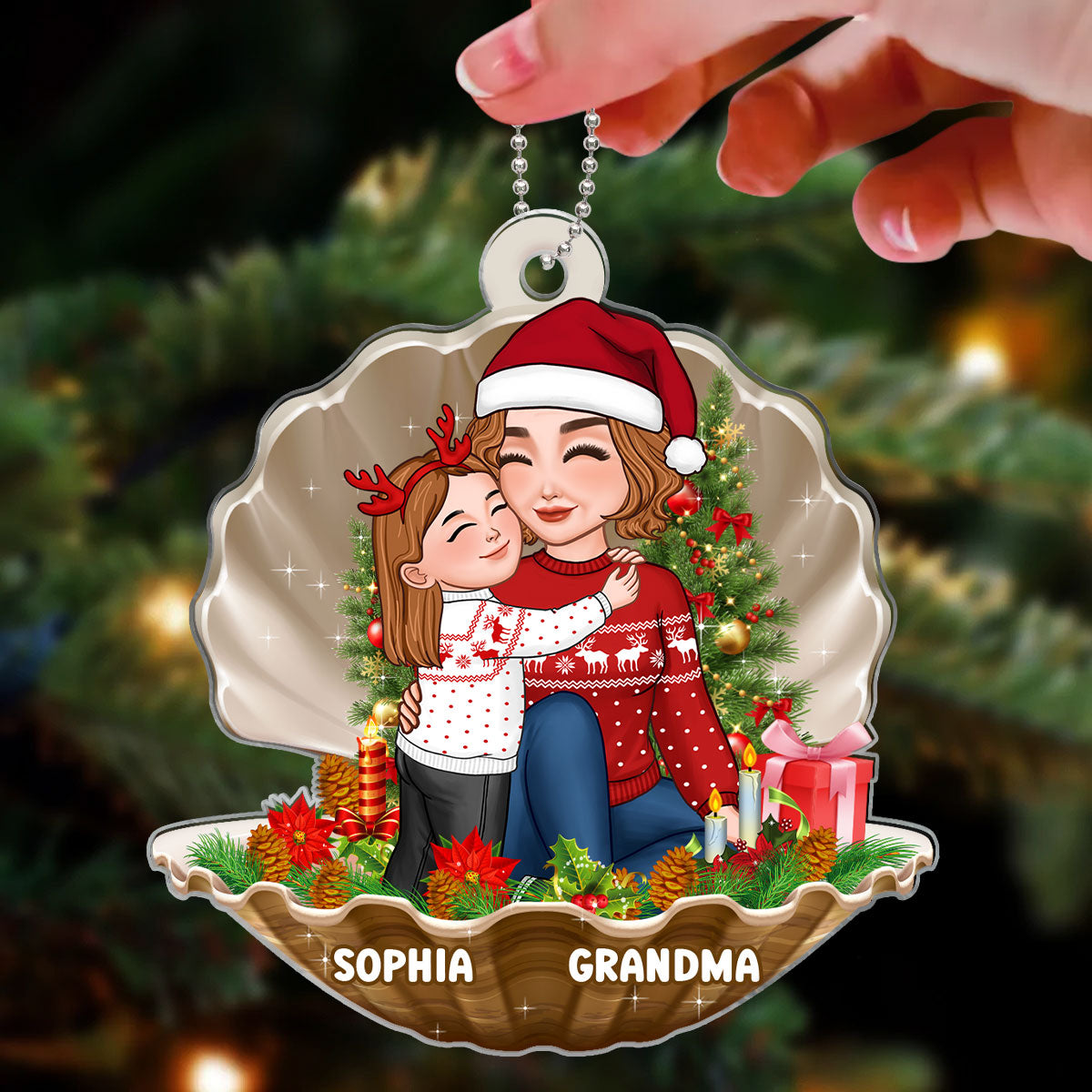 Cute Grandkid Hugging Sitting Grandma In Pearl Shell Personalized Acrylic Ornament