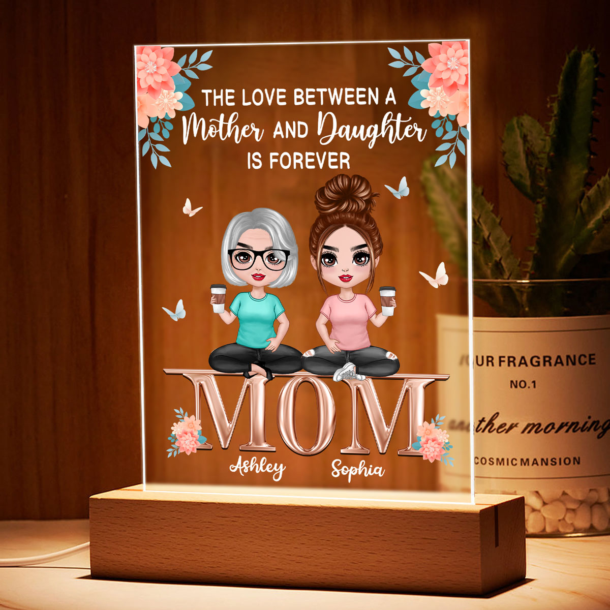 Doll Mother Daughters Sitting On Word Flower Personalized Acrylic LED Night Light