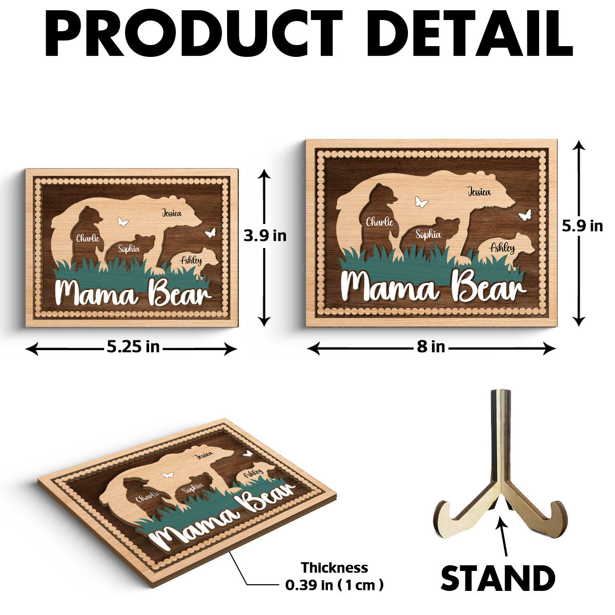 Mama Bear With Kids Names Personalized 2-Layer Wooden Plaque