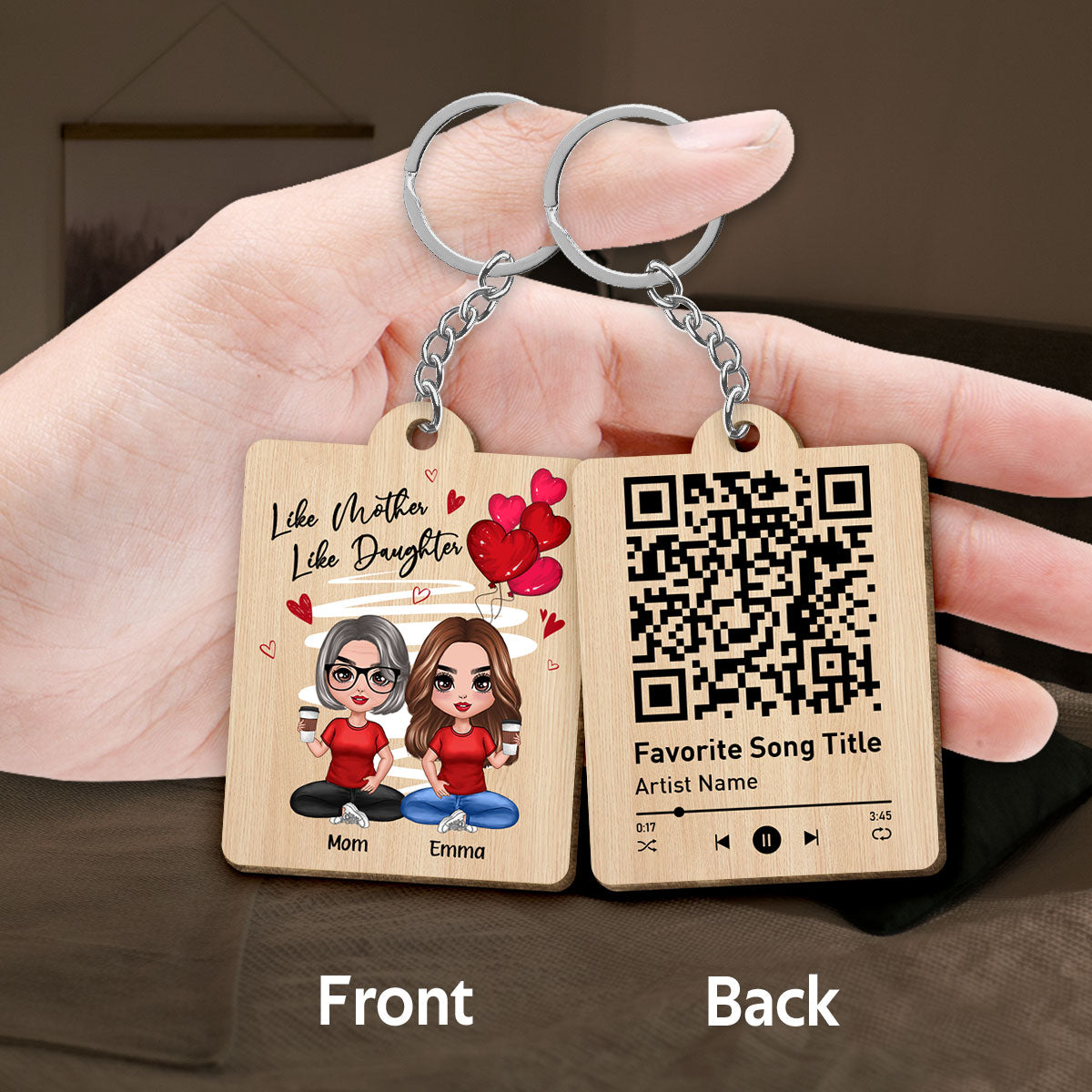 Red Hearts Like Mother Like Daughters Doll Favorite Song Scannable QR Code Gift For Mom Daughters Matching Personalized Wooden Keychain