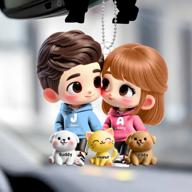 3D Effect Cute Cartoon Couple Holding Hands with Dogs Cats Personalized Acrylic Car Hanger, Anniversary &  Gift for him, Gift for her