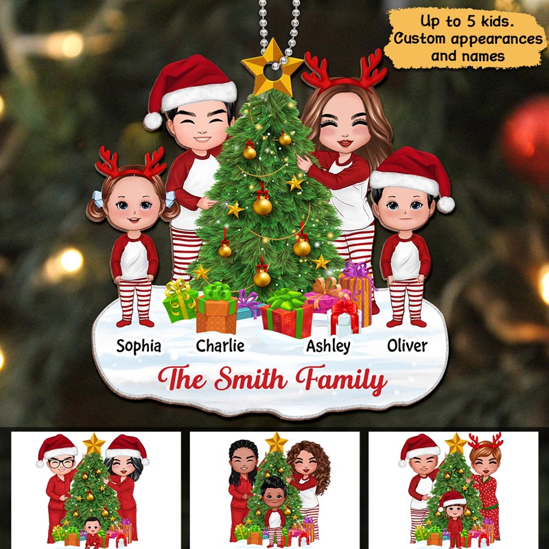 Doll Family Decorating Christmas Tree Personalized Wooden Ornament