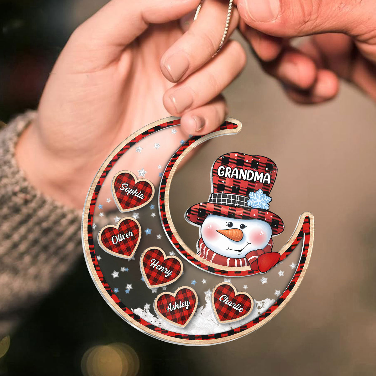 Grandma Snowman On Moon Personalized Shaker Ornament, Christmas Gift For Grandma & Grandchildren
