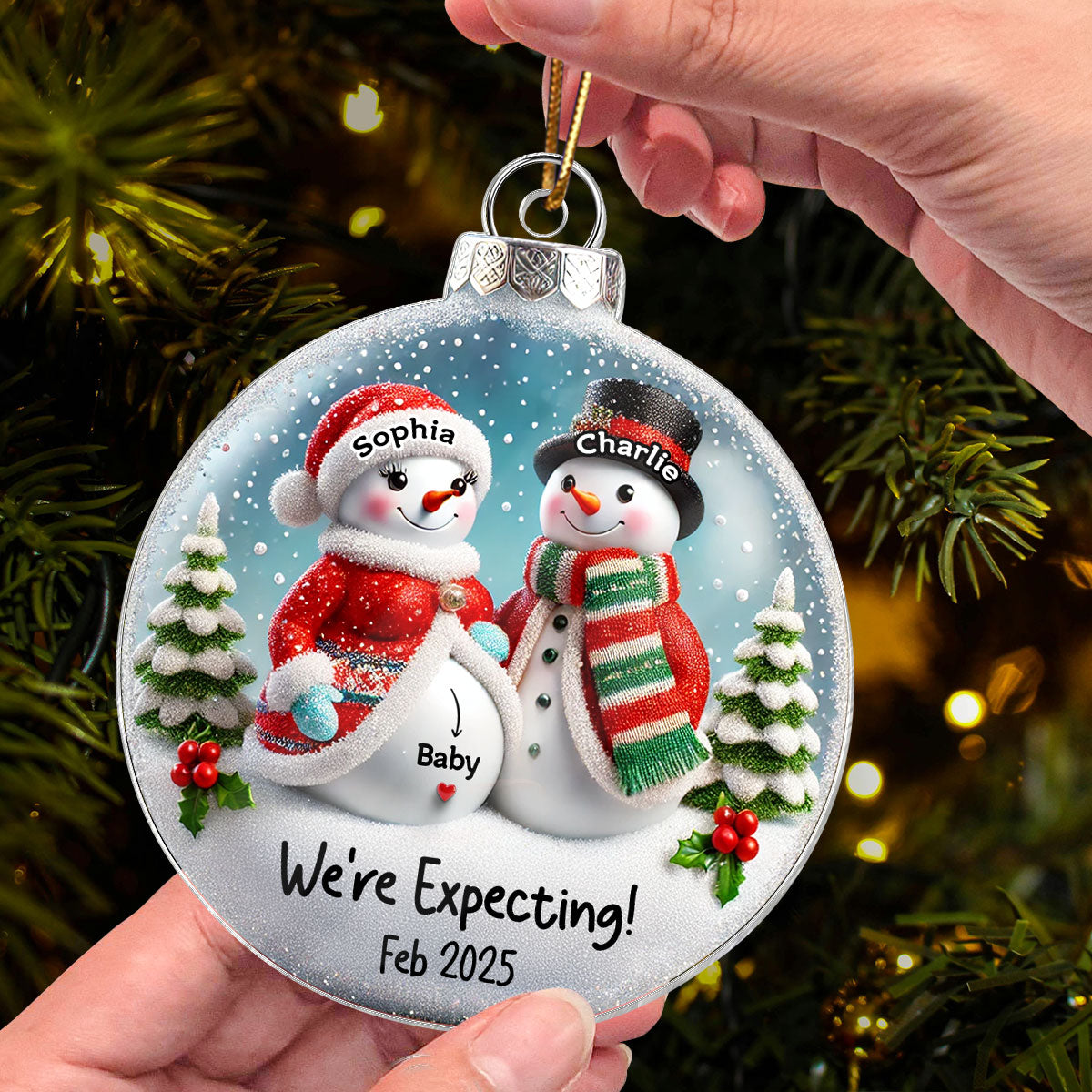 3D Effect Snowman Couple Expecting Parents Pregnancy Announcement Keepsake Personalized Acrylic Ornament