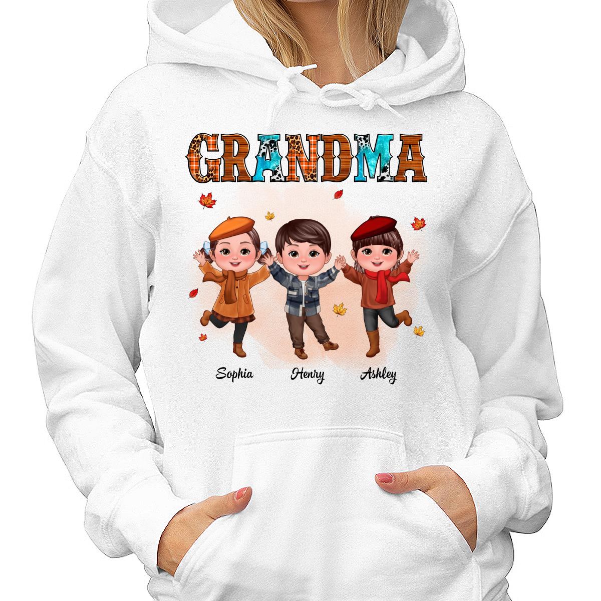 Grandma Teal And Leopard Fall Season Happy Doll Grandkids Personalized Shirt
