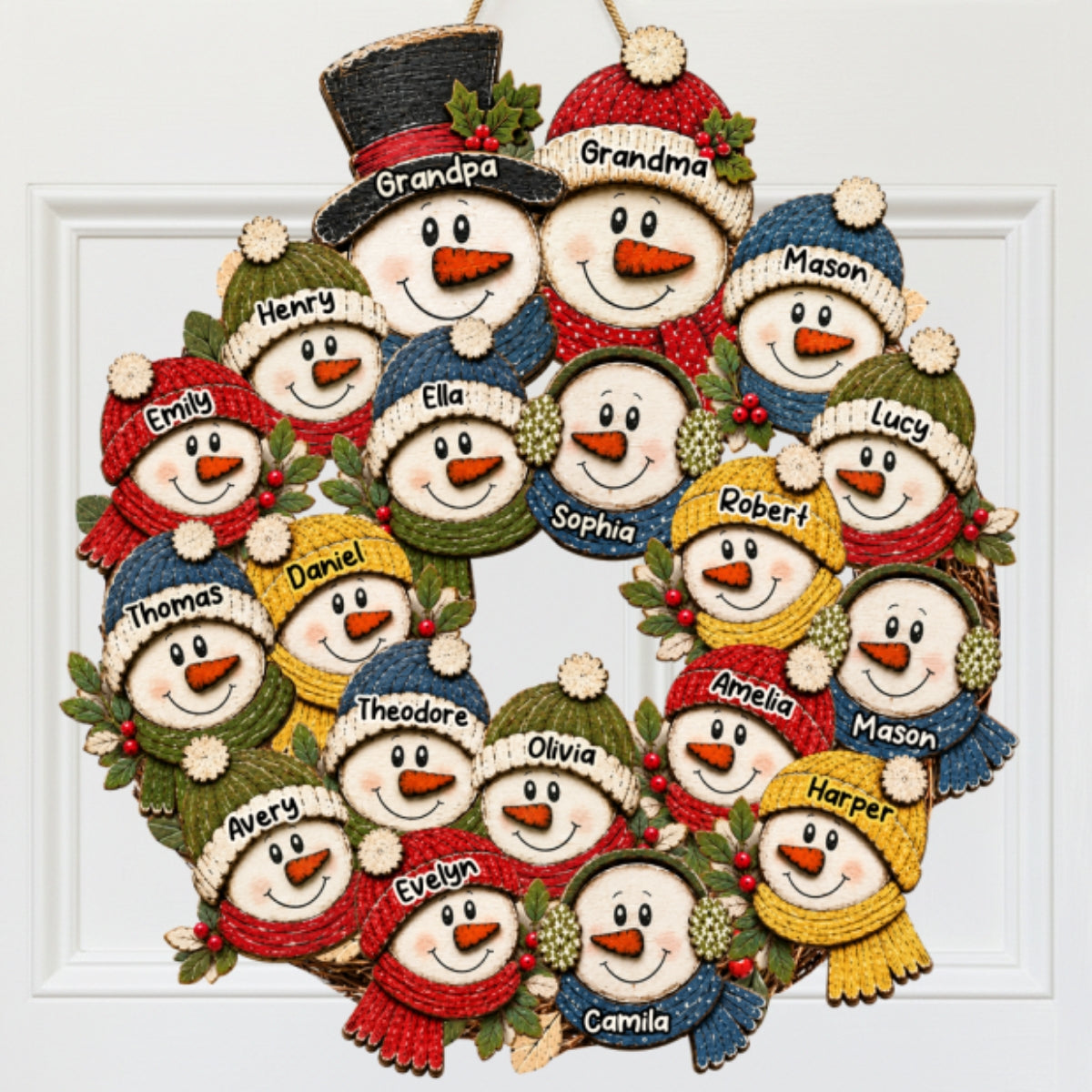 Grandpa Grandma Snowman Wreath - Personalized Wood Sign - Christmas Decoration For Porch, Window, Door