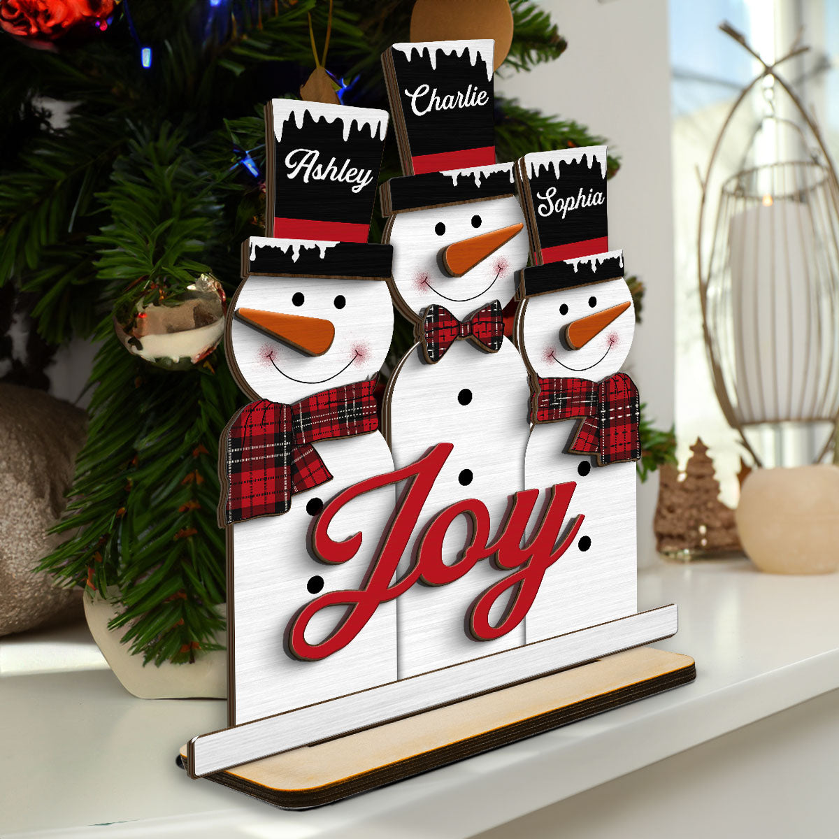 Joy Snowman Family Christmas Personalized 2-Layer Standing Wooden Plaque, Christmas Decoration, Tiered Tray Decor