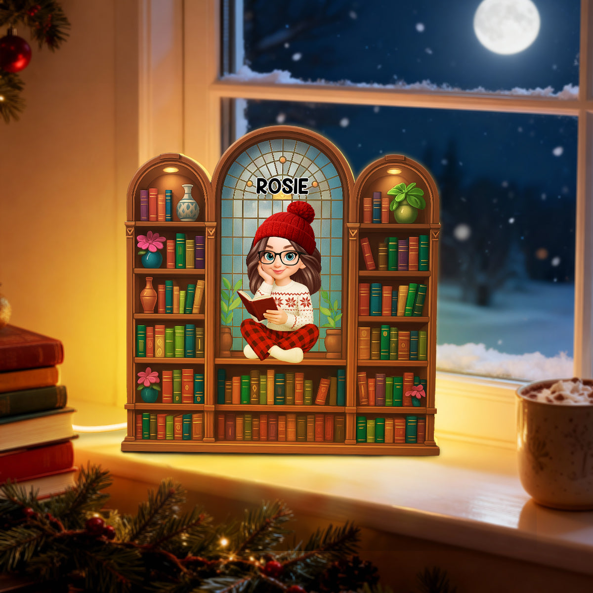 Christmas Cozy Vibe Pretty Girl Reading Book In Arched Bookshelf - Personalized Light Box