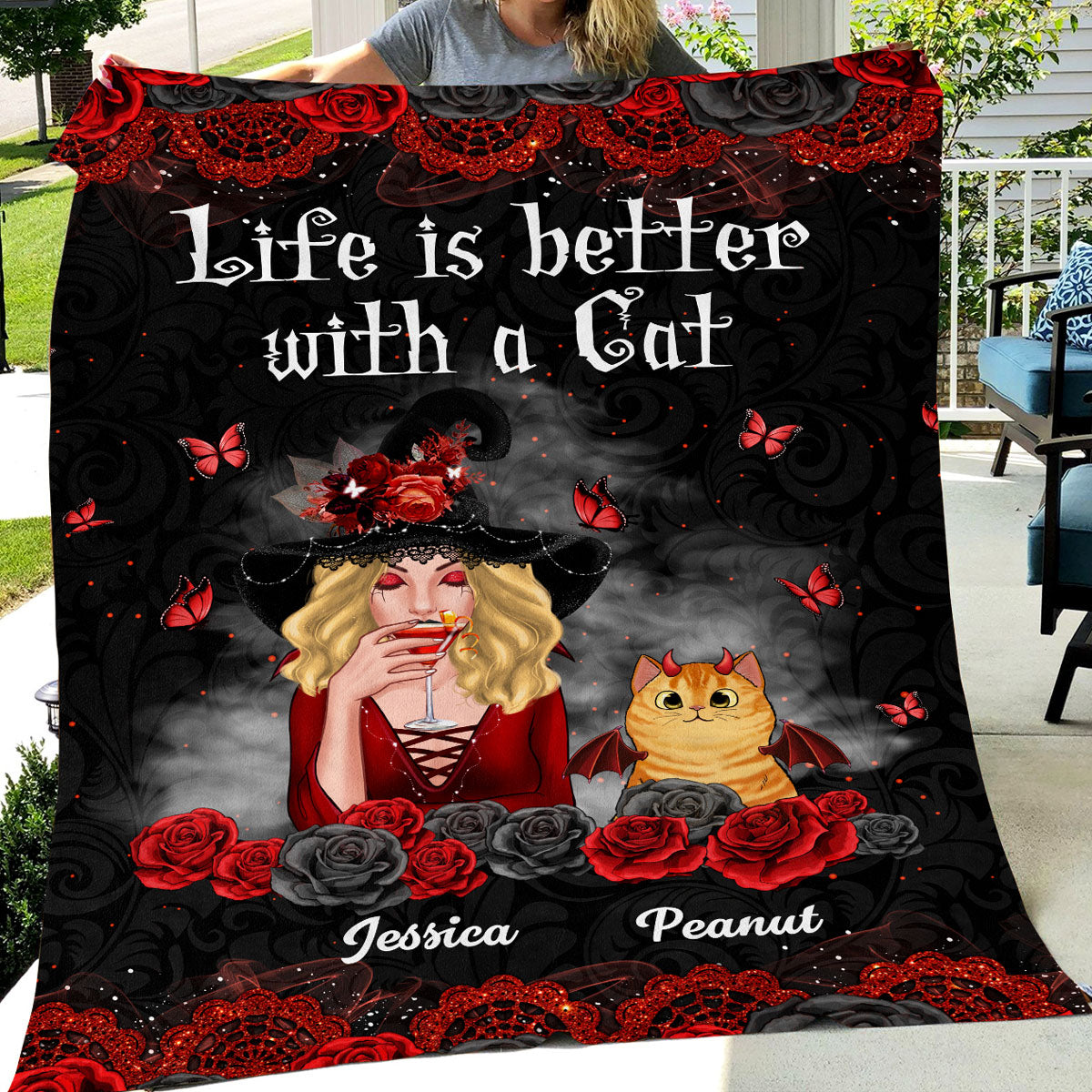 Halloween Roses Cat Mom Witch Personalized Fleece Blanket