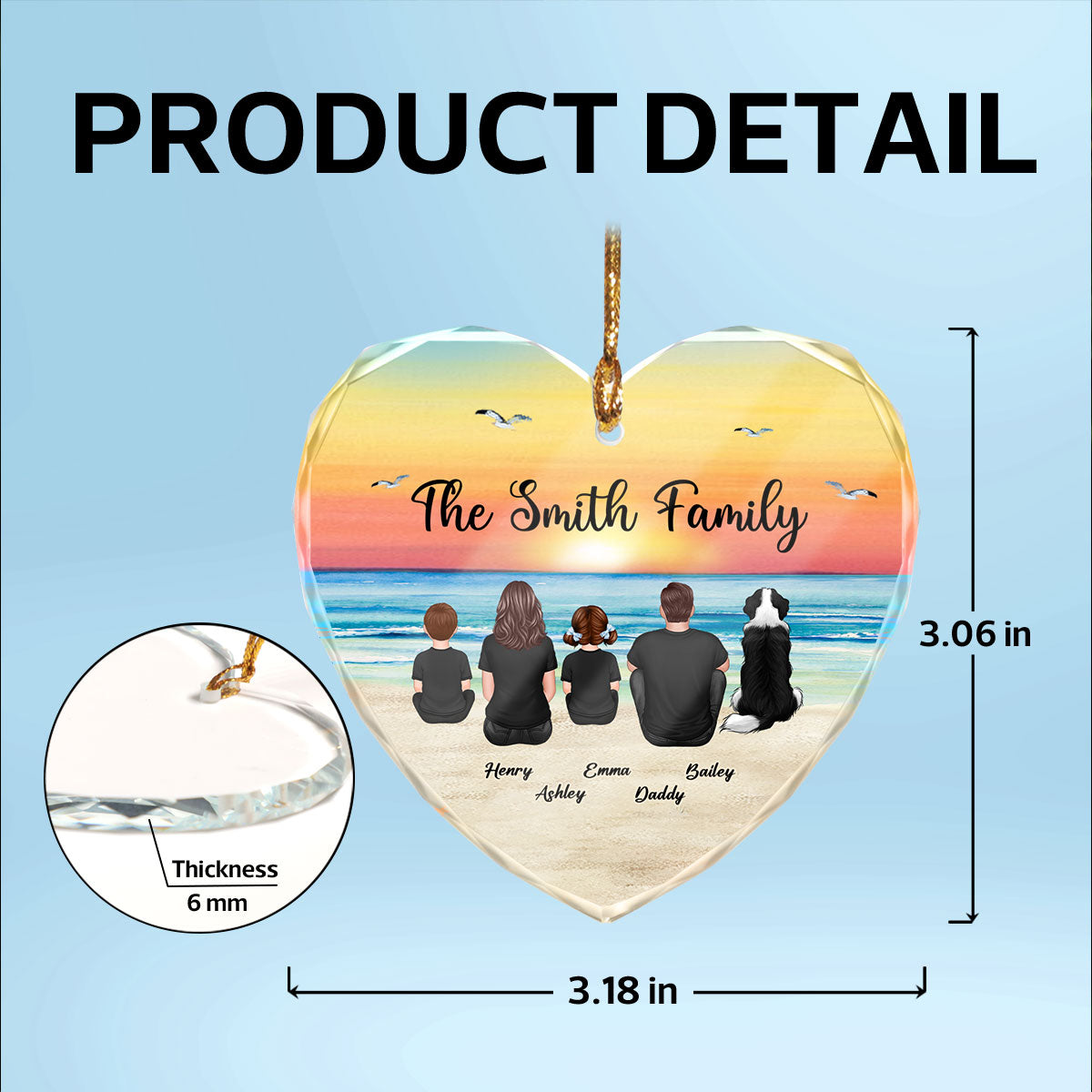Family Sitting Back View Retro Vintage Beach Landscape Personalized Heart Glass Ornament