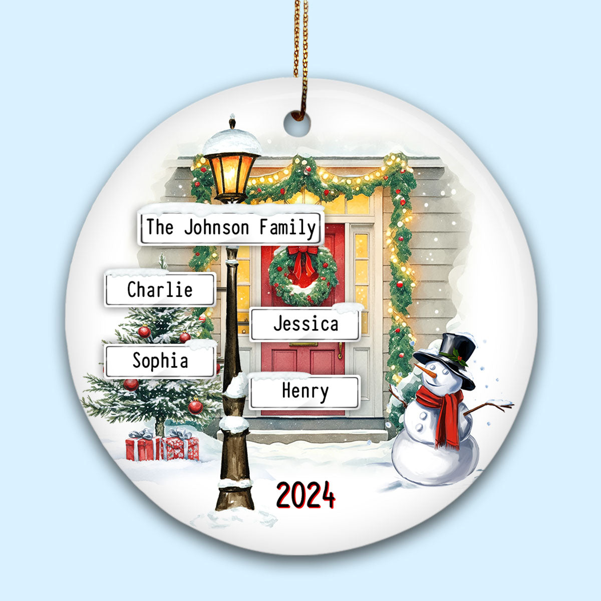 Family Christmas Street Lamp Directional Signs Personalized Ceramic Ornament, Christmas Gift For Family