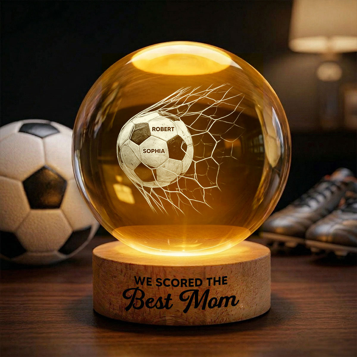 Unser Papa Ein absoluter Volltreffer - Personalisiertes Kristallkugel LED Nachtlicht – Geschenk zum Vatertag für Fußball-Papa – Mit Namen