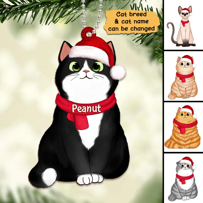 Fluffy Cat Christmas Hat Personalized Wooden Ornament