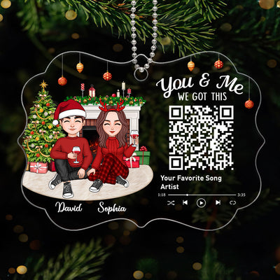 Cute Couple Sitting In House Favorite Song Scannable QR Code Christmas Personalized Christmas Ornament