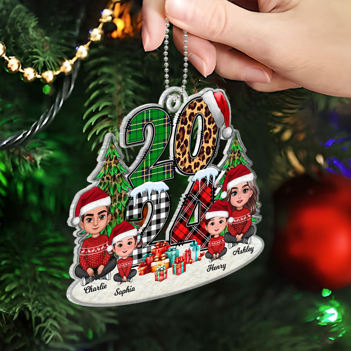 Christmas Family Sitting 2024 Stacked Pattern - Personalized Acrylic Ornament