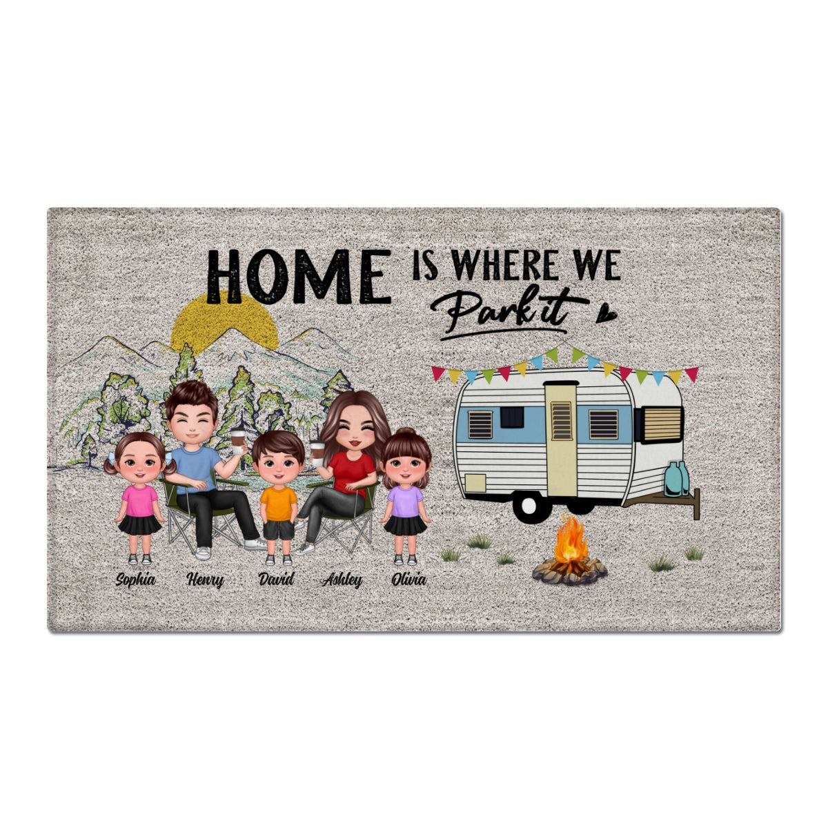 Home Is Where We Park It Doll Family Camping Personalized Doormat
