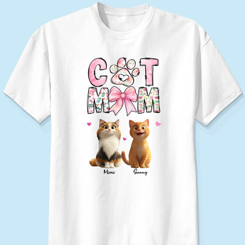 Cat Mom Pink Coquette Personalized Shirt, Cartoon Cute Cat, Gift for Cat Moms