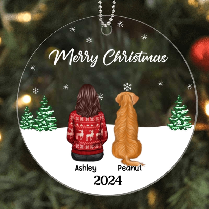 Merry Christmas Man Woman Couple & Dogs Cats Personalized Circle Acrylic Ornament