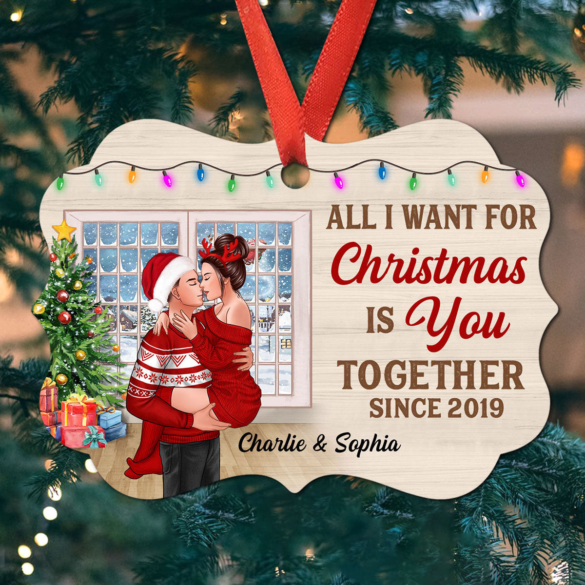 All I Want For Christmas Is You Man Holding Woman Kissing Window Personalized Christmas Ornament