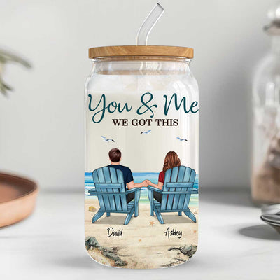Back View Couple Sitting Beach Landscape Personalized Clear Glass Can