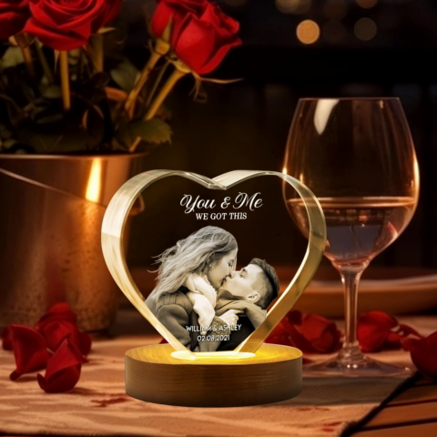 Couple 3D Upload Photo Premium Crystal Heart LED, Personalized Heart Crystal With LED Base Optional, Perfect Valentine's Gift For Couple, For Him, For Her, Free Delivery