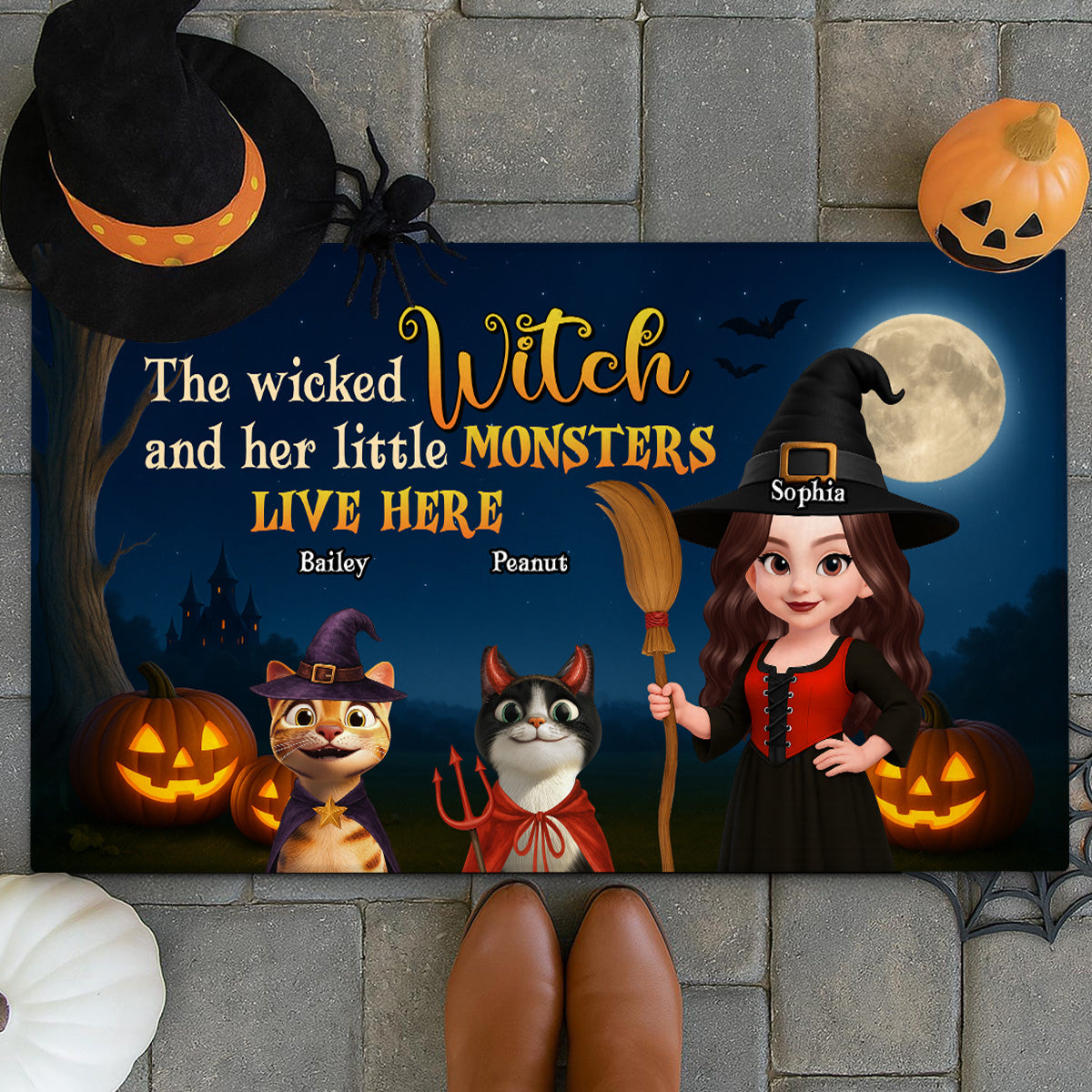 Spooky Halloween Theme Wicked Witch And Monsters Cats Personalized Doormat