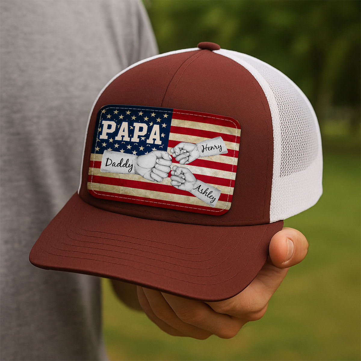 Dad Grandpa Papa Fist Bumps Nation Flag Personalized Leather Patch Hat