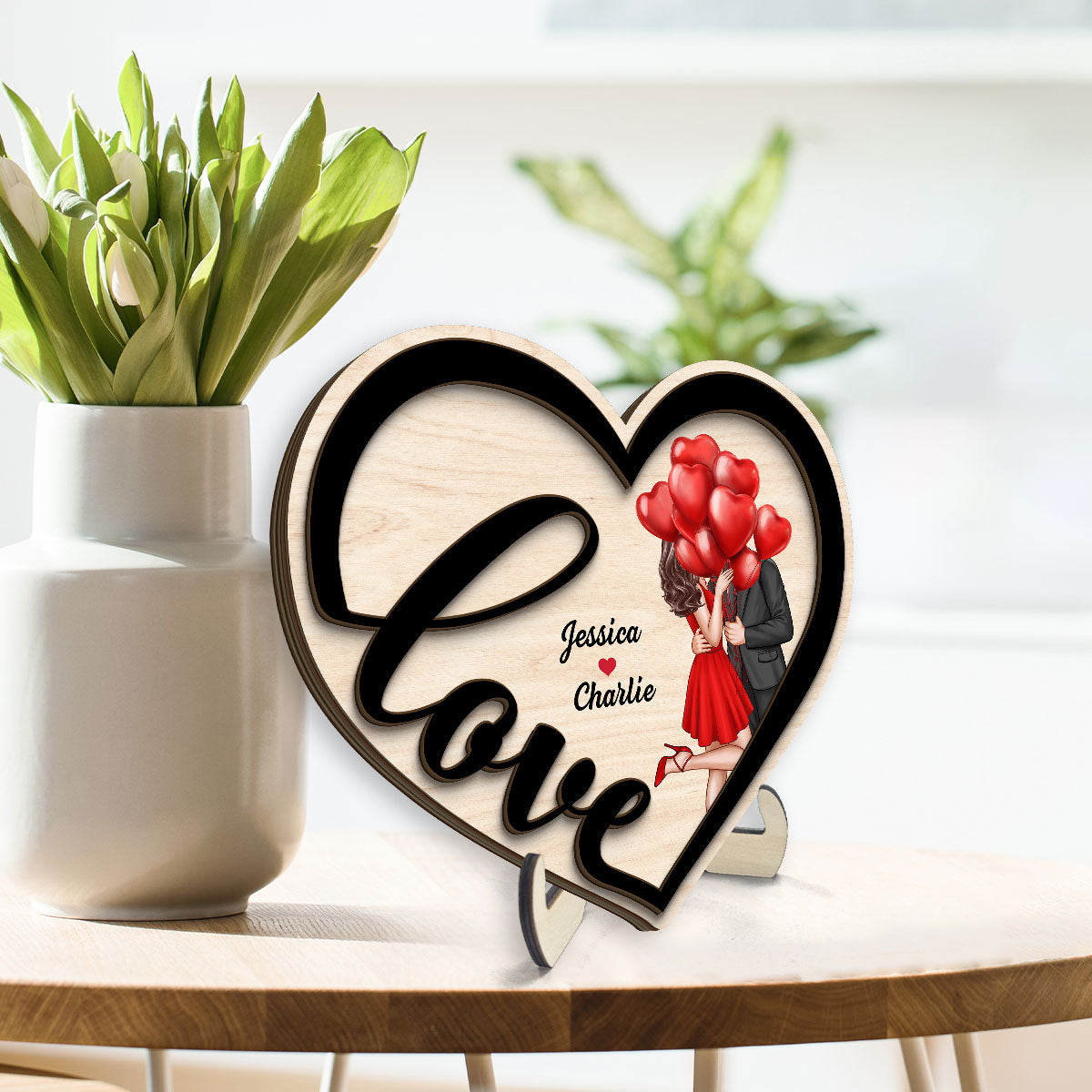 Couple Love Heart Elegant Kissing Personalized 2-layer Wooden Plaque