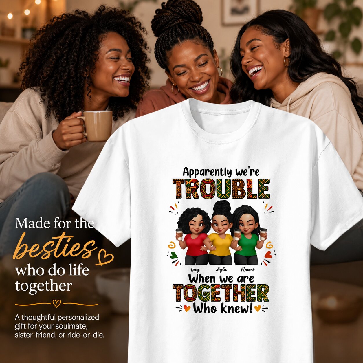 Tribal Pattern Besties Trouble Together - Personalized Shirt - Birthday Gift, Gift For Best Friends