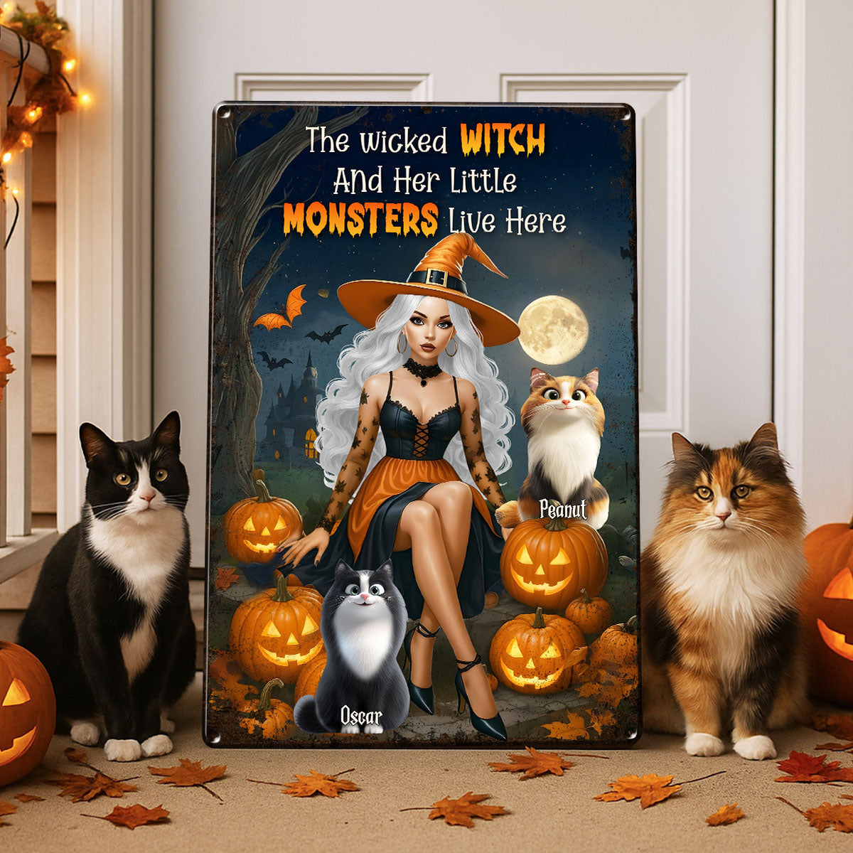 The Wicked Witch and Her Little Monster Live Here Personalized Metal Sign, Halloween Decor for Cat Lovers