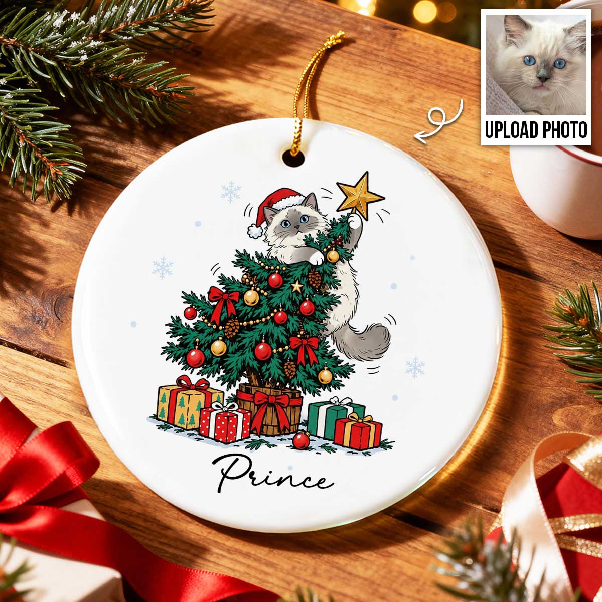 Cute Dog Cat On Christmas Tree Upload Photo - Personalized Ceramic Ornament - Funny Gift For Dog Lover, Cat Lover