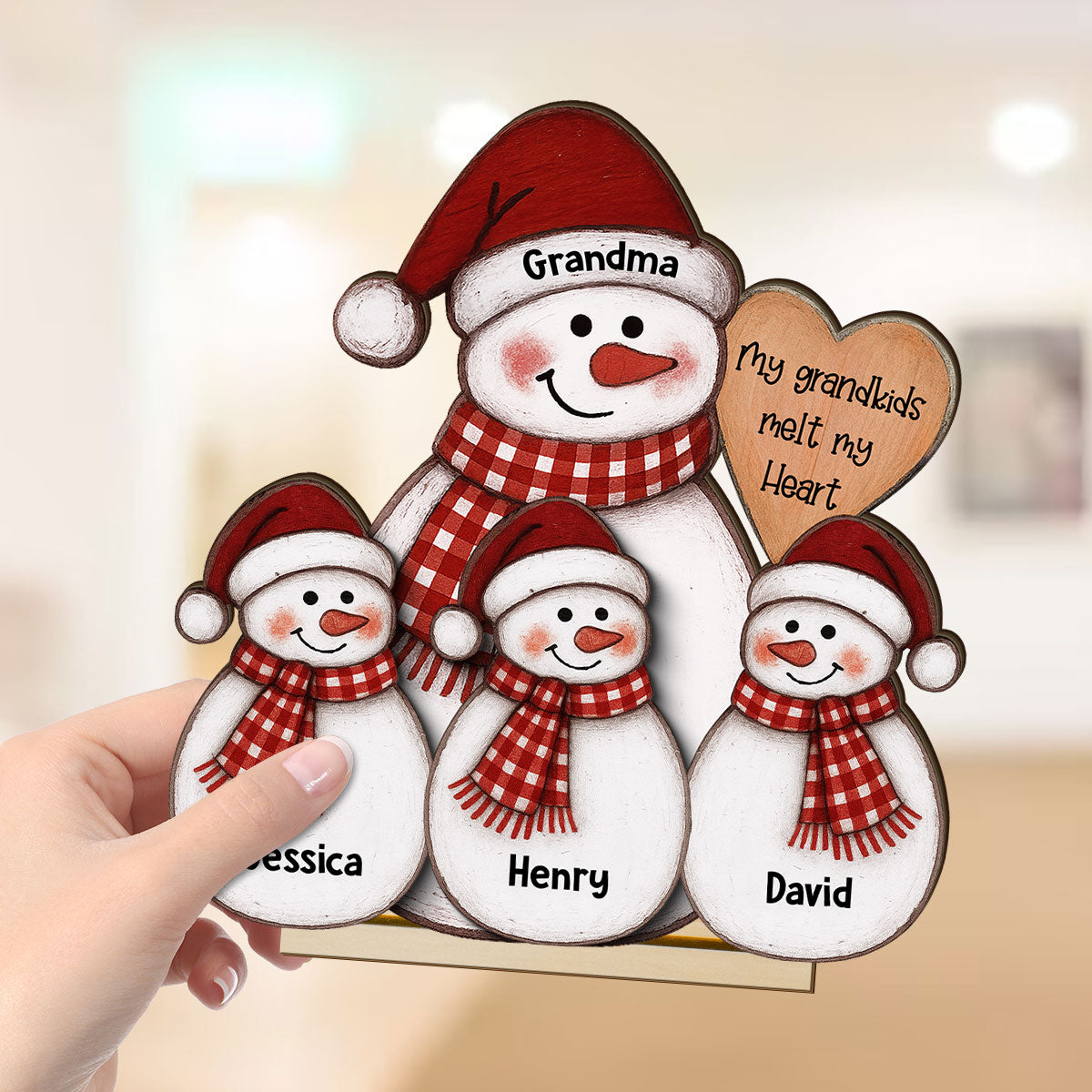 Folk Art Cute Snowman Grandma & Grandkid - Personalized 2-Layer Wooden Plaque - Christmas Decor