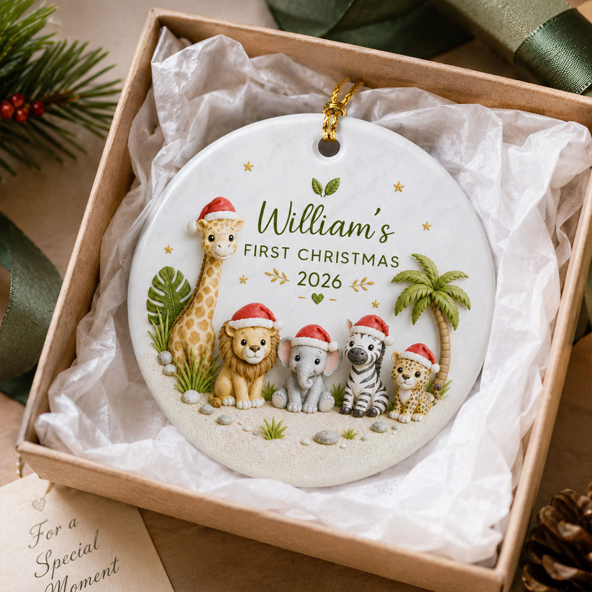 Baby’s First Christmas Safari Animals 2D Flat - Personalized Ceramic Ornament - Christmas Keepsake