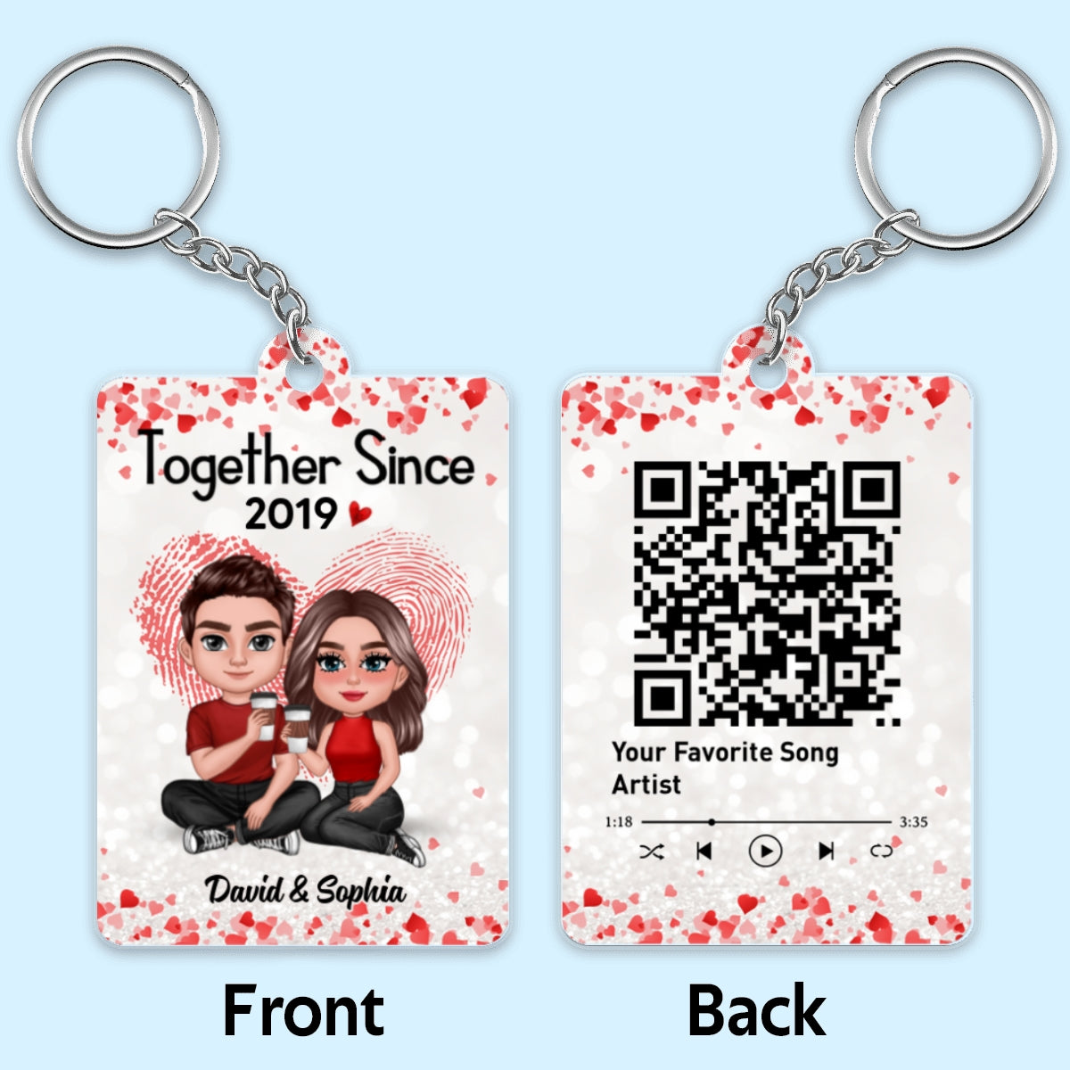 Fingerprint Doll Couple Sitting Together Favorite Song Scannable QR Code Personalized Acrylic Keychain