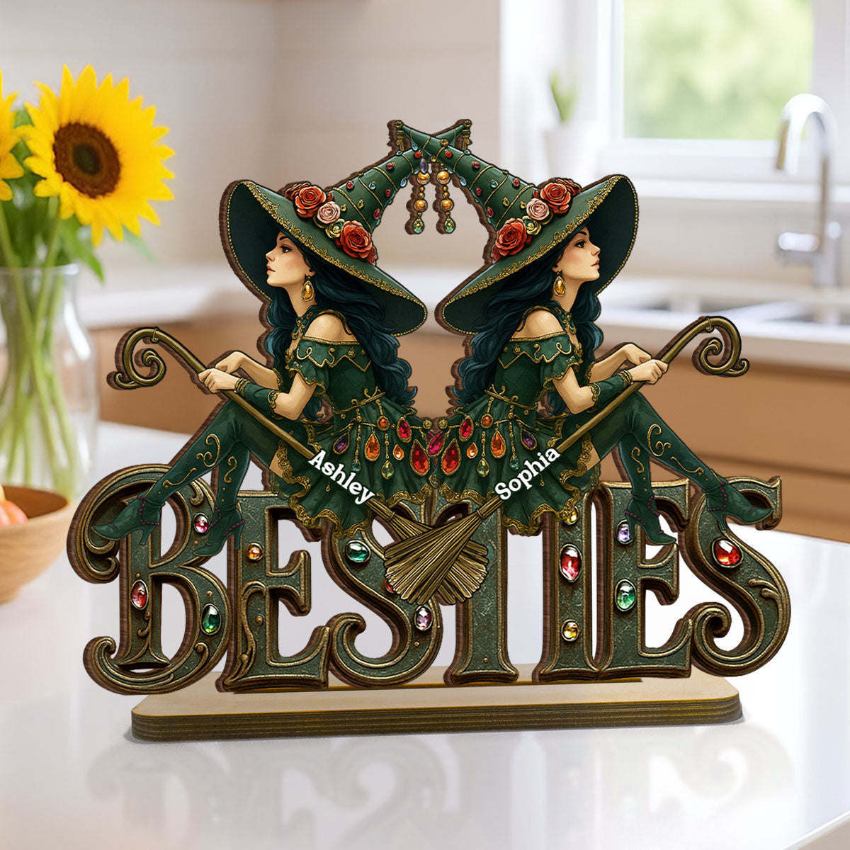 Halloween Gothic Vintage Besties Sisters Sitting On Text Personalized Standing Wooden Plaque