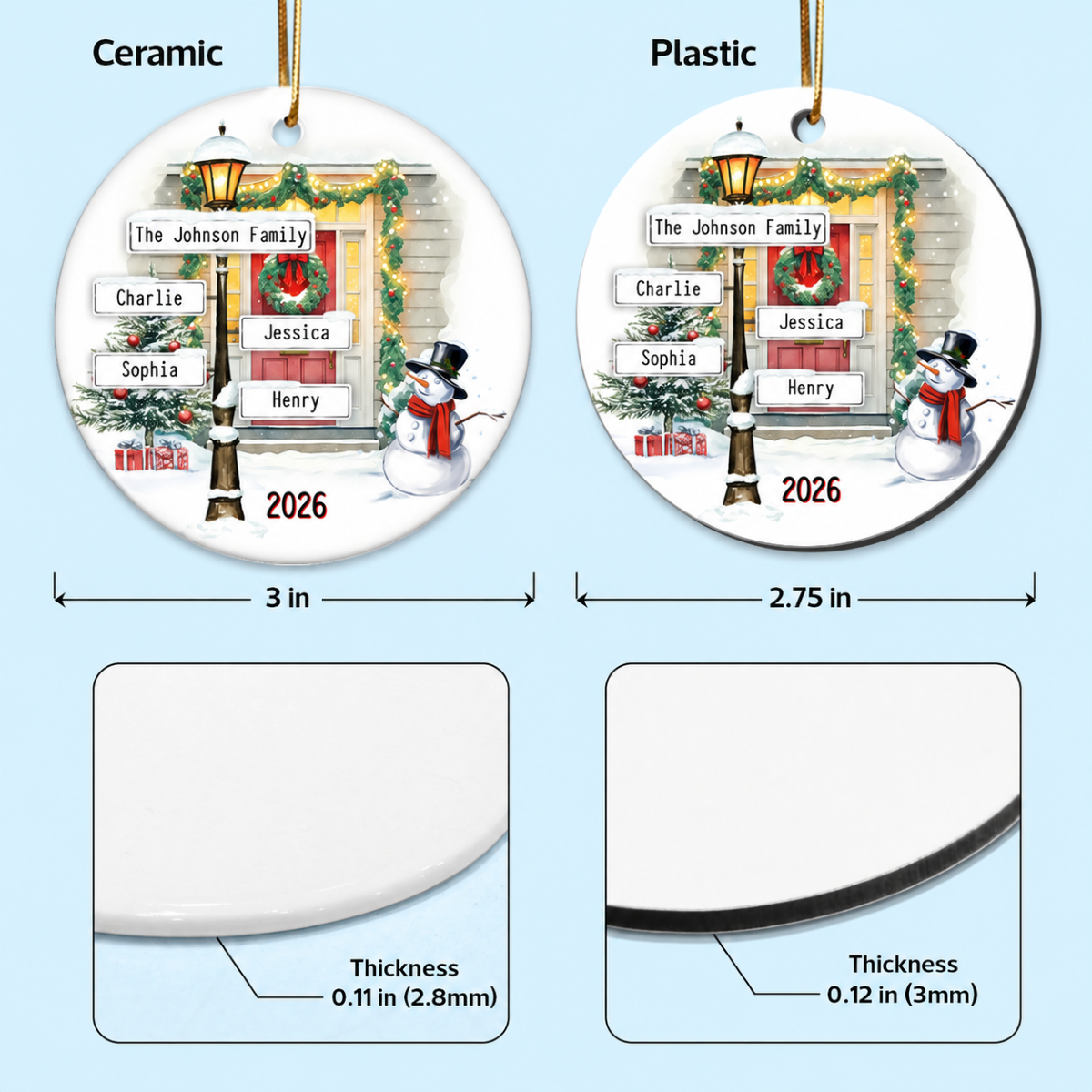 Family Christmas Street Lamp Directional Signs Personalized Ceramic Ornament, Christmas Gift For Family