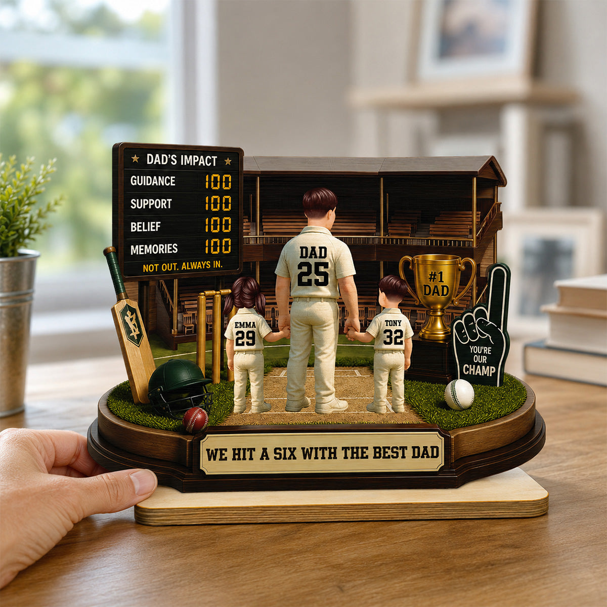 Hit A Six With The Best Dad Cricket Dad - Personalised 2-Layered Wooden Plaque - Father's Day Gift For Husband, Dad