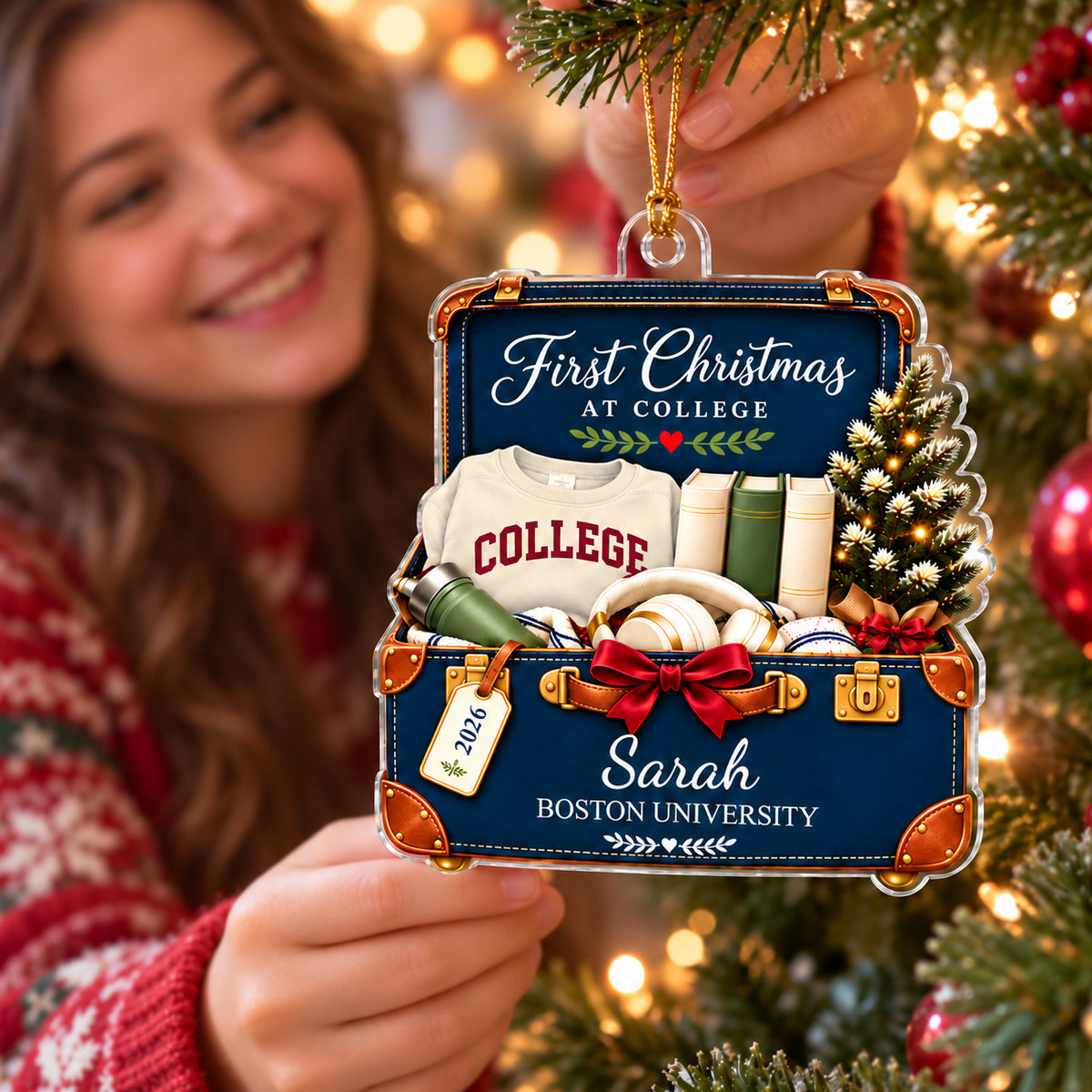 First Christmas at College Suitcase 2D Flat - Personalized Acrylic Ornament – Custom Name & School Christmas Gift for College Freshman