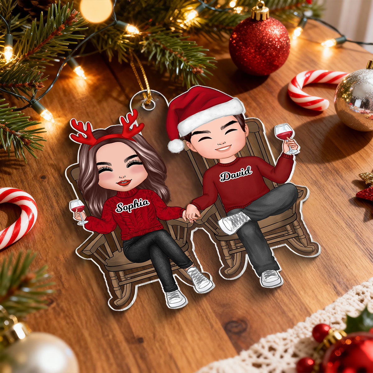 Eternal Love Couple Sitting Together - Personalized Acrylic Ornament - Heartwarming Christmas Gift for Couple, For Him, For Her