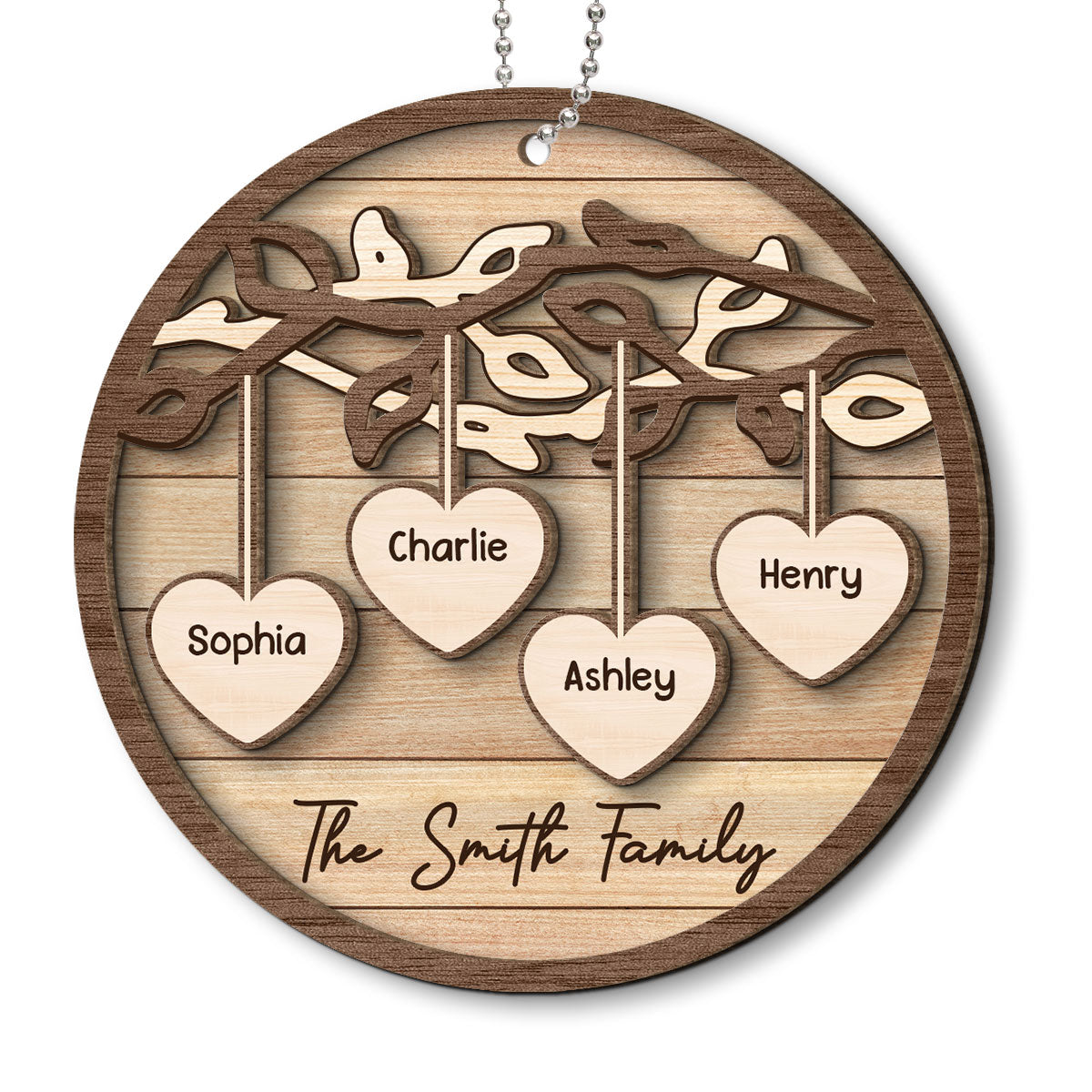 Family Tree Hanging Hearts Personalized 2-Layer Wooden Ornament, Christmas Gift For Family
