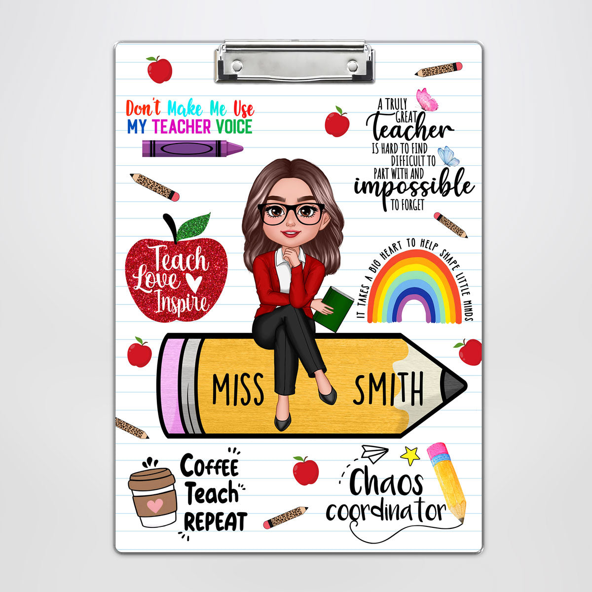 Teacher Sitting On Pencil Personalized Clipboard, Appreciation Gift