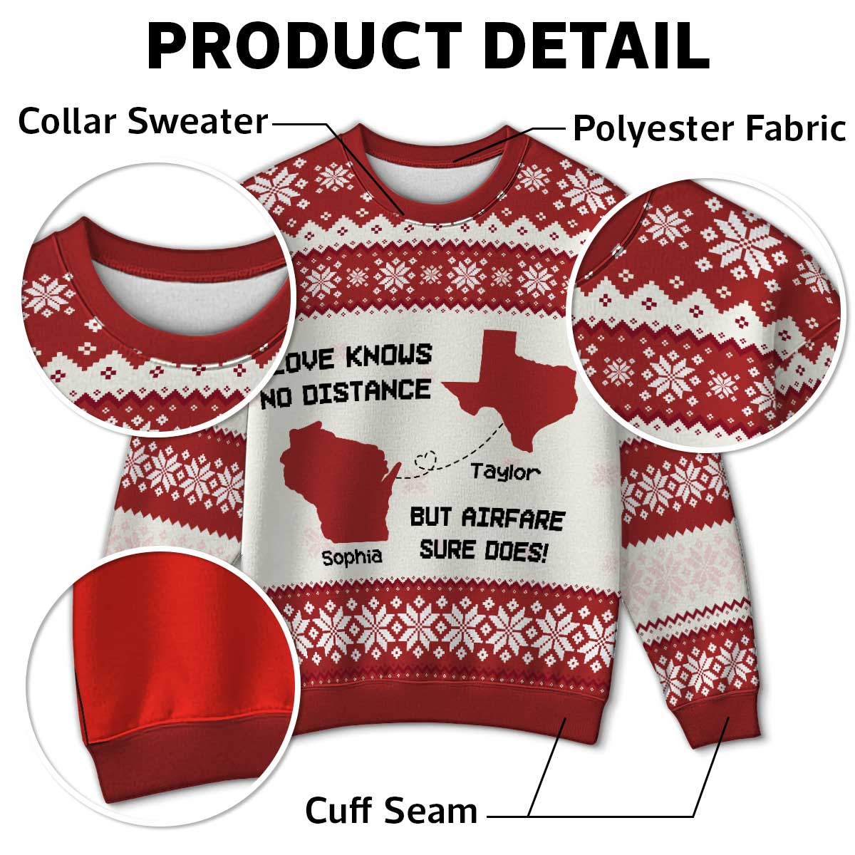 Long Distance State Map Funny Gift For Couple, Family & Friends Personalized Faux Knitting Ugly Sweater