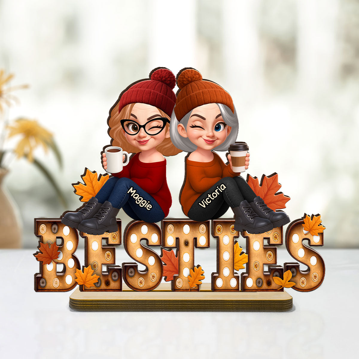 Fall Besties Sitting On Text Marquee Effect Personalized Standing Wooden Plaque, Meaningful Gift For Best Friends