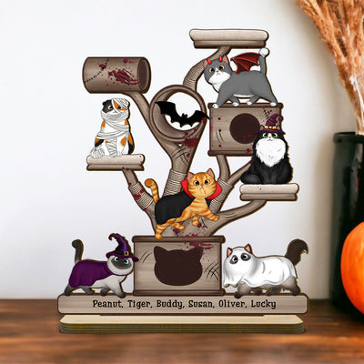 Halloween Cats Tower Personalized Wooden Standing Plaque, Halloween Decor