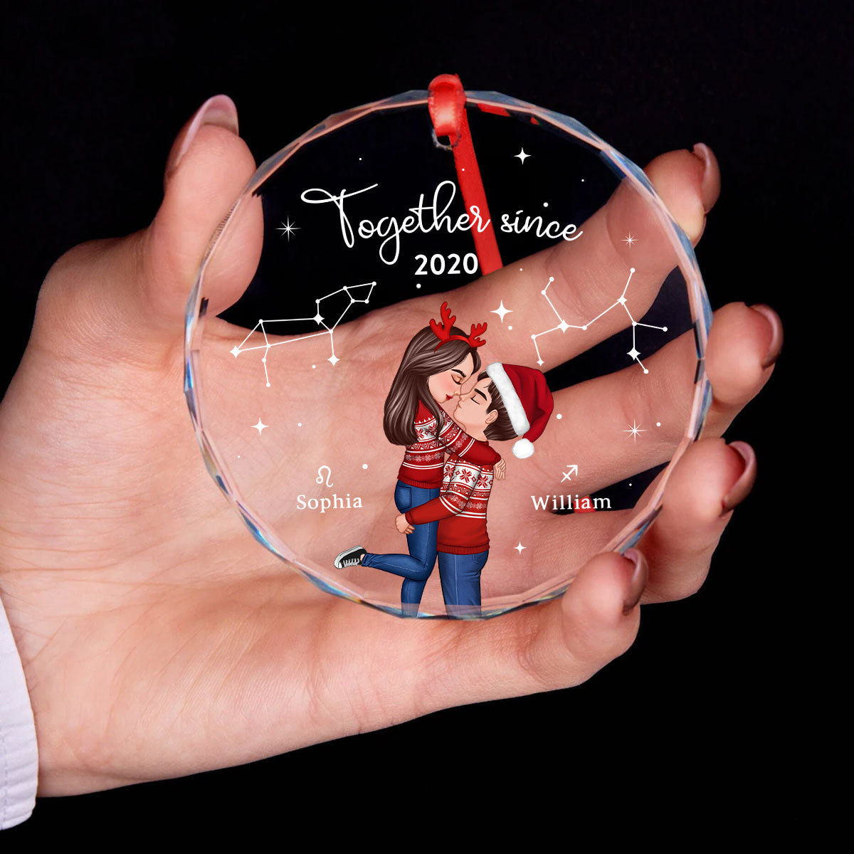 Couple Hugging Kissing Zodiac Sign Personalized Glass Ornament, Christmas Gift For Him For Her