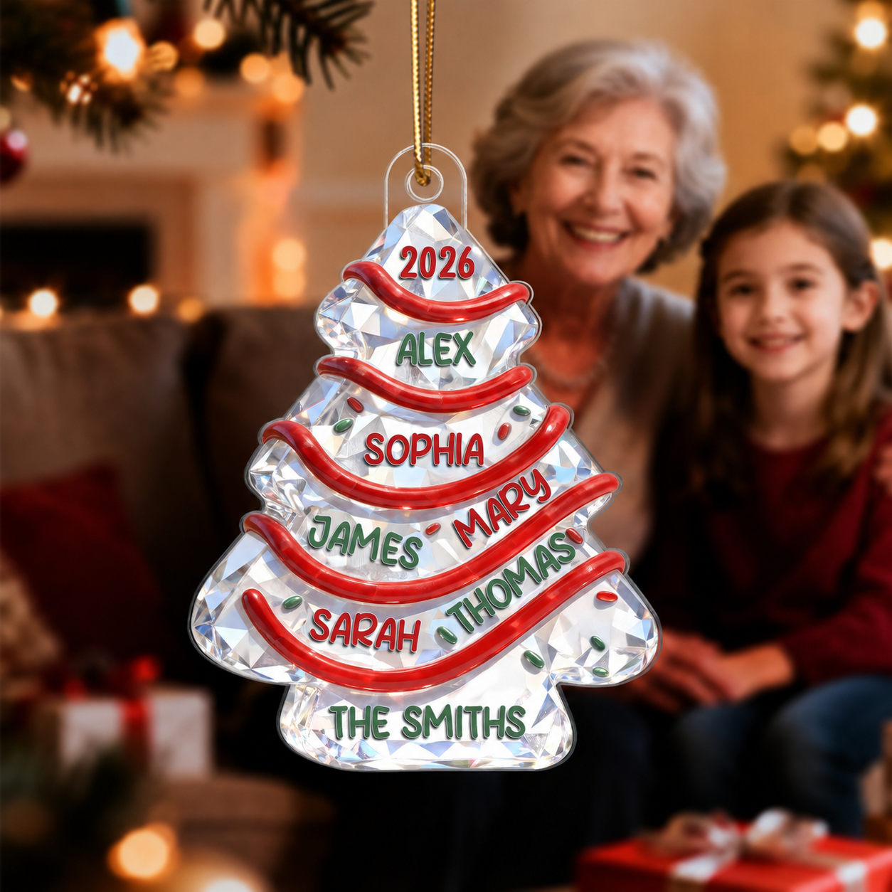 3D Effect Flat Family Names Christmas Tree Cake - Personalized Acrylic Ornament - Christmas Gift For Whole Family, Extended Family