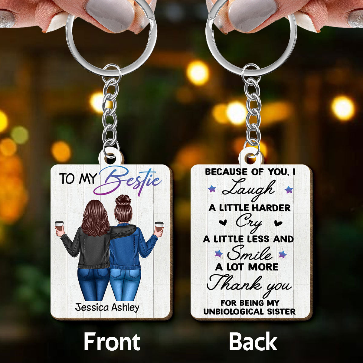 Back View Besties To My Bestie Personalized Wooden Keychain